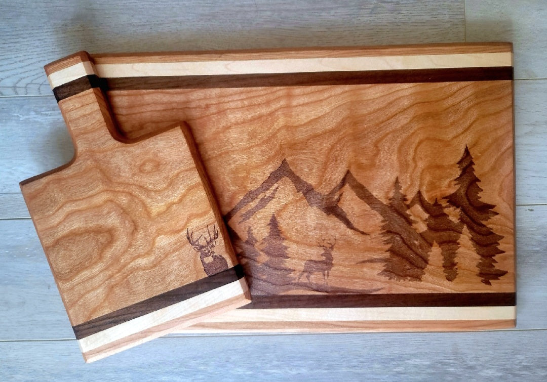 Mountain & Deer Scene Cutting Board Set