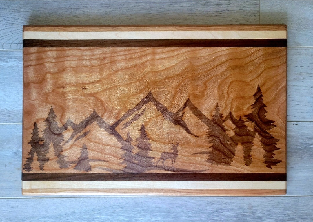 Mountain & Deer Scene Cutting Board Set